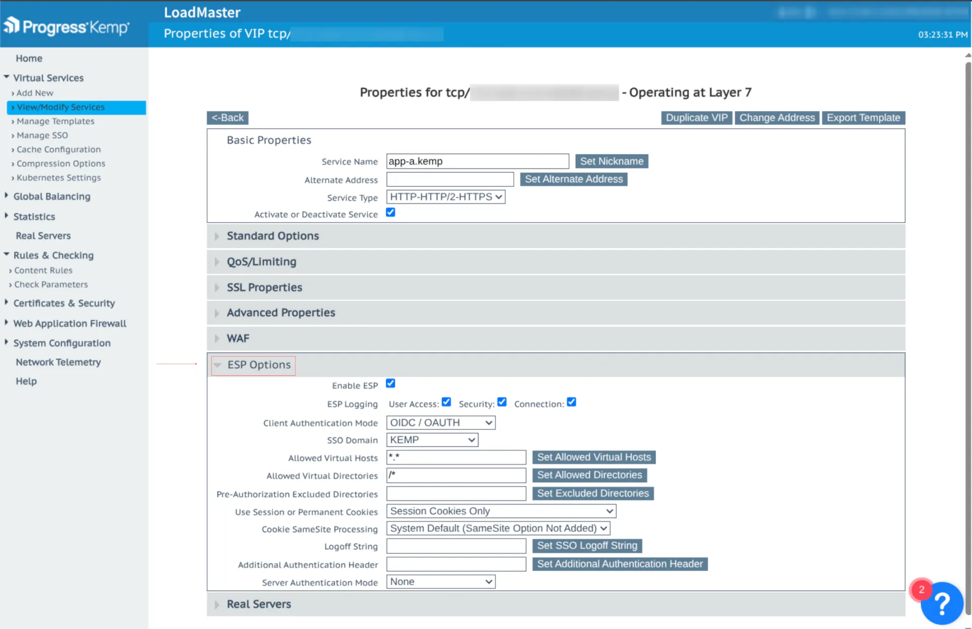 kemp loadmaster virtual service properties